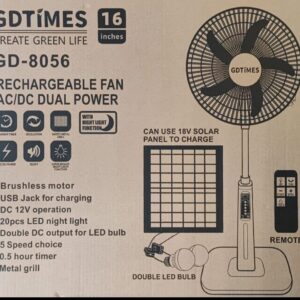 GD-8056 Solar Rechargeable Fan 16 Inches LED Light USB