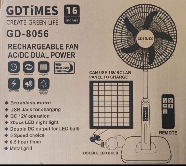 GD-8056 Solar Rechargeable Fan 16 Inches LED Light USB